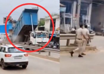 डंपर ड्राइवर ने पुलिस वालों को दिया जोर का झटका, VIDEO देख आप भी पीट लेंगे माथा