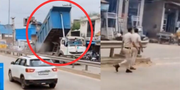 डंपर ड्राइवर ने पुलिस वालों को दिया जोर का झटका, VIDEO देख आप भी पीट लेंगे माथा