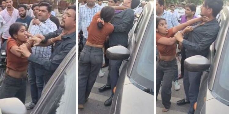 Video: बोनट पर चढ़कर रुकवाई कार, नीचे उतरते ही पति का कॉलर खींचकर पीटा… बीच सड़क मचा बवाल