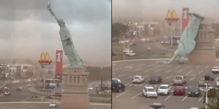 Brazil Storm Damage: ब्राजील में तूफान तेज रफ्तार हवाओं में गिरी स्टैच्यू ऑफ लिबर्टी की रेप्लिका, वीडियो वायरल | brazil storm statue of liberty replica collapse high wind world news in hindi
