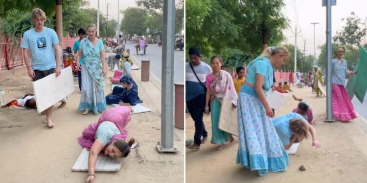 वृंदावन में गर्मी पर भारी पड़ी आस्था! विदेशी भक्तों की दंडवत परिक्रमा का वीडियो वायरल
