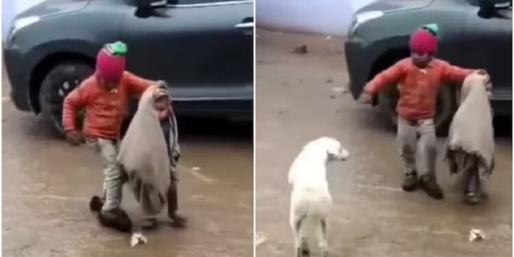 बारिश और कीचड़ में बहन की हिफाजत करता दिखा छोटा भाई, कुत्ते को भी दूर भगाया