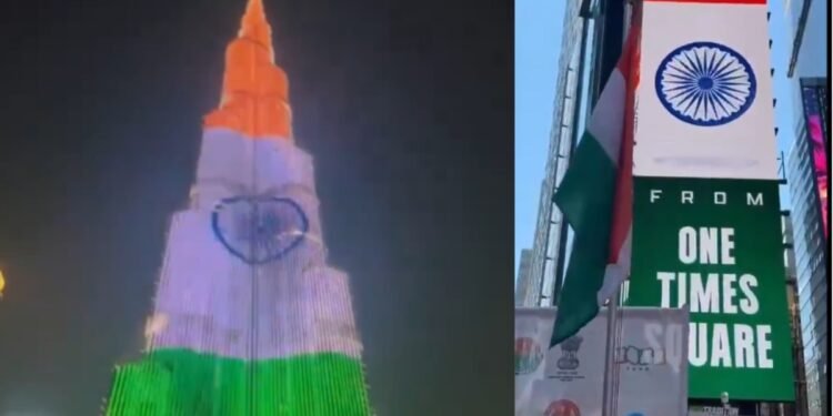 Video: दुबई से न्यूयॉर्क तक स्वतंत्रता दिवस की धूम, तिरंगे के रंग में रंगे बुर्ज खलीफा और टाइम्स स्क्वायर | 80th independence day celebrations burj khalifa times square lit up in tricolor video