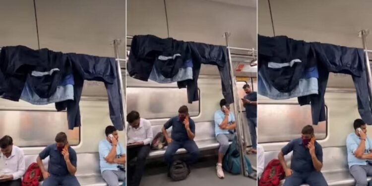 दिल्ली मेट्रो में दिखा गजब का जुगाड़, गीले कपड़े टांगकर बना दी कोच को अपनी कपड़े सुखाने की जगह