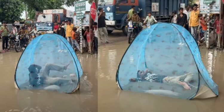 सड़क के पानी में मच्छरदानी लगाकर सोता दिखा बंदा, किसी ने कहा मजेदार तो किसी ने बताया खतरनाक